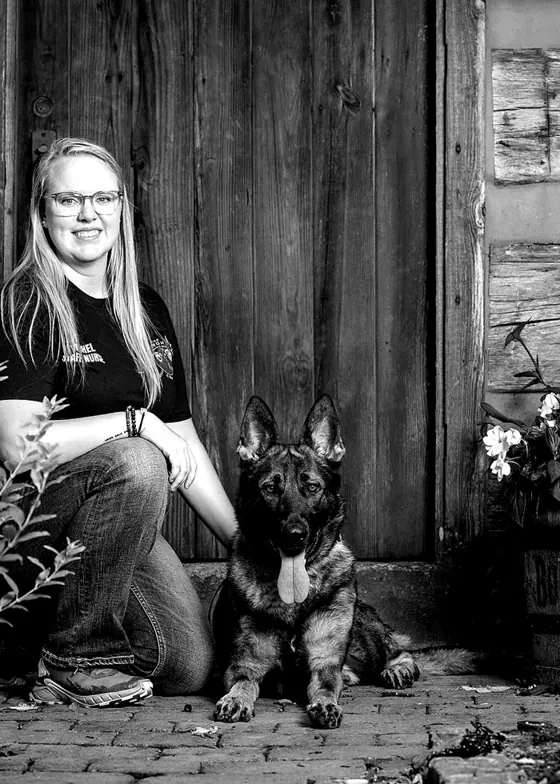 Rachel Harris with a young dog